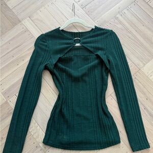 Women's Dark Green Ribbed Long-Sleeve Cutout Top